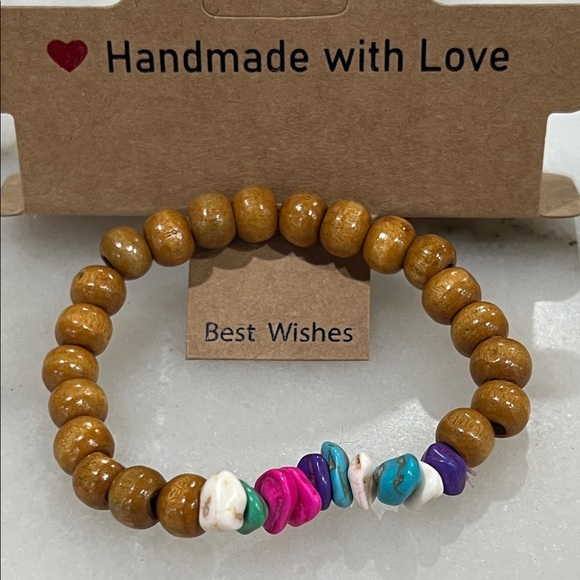 Colorful Beaded Wood Bracelet with Natural Dyed Turquoise Accents - Picture 6 of 6